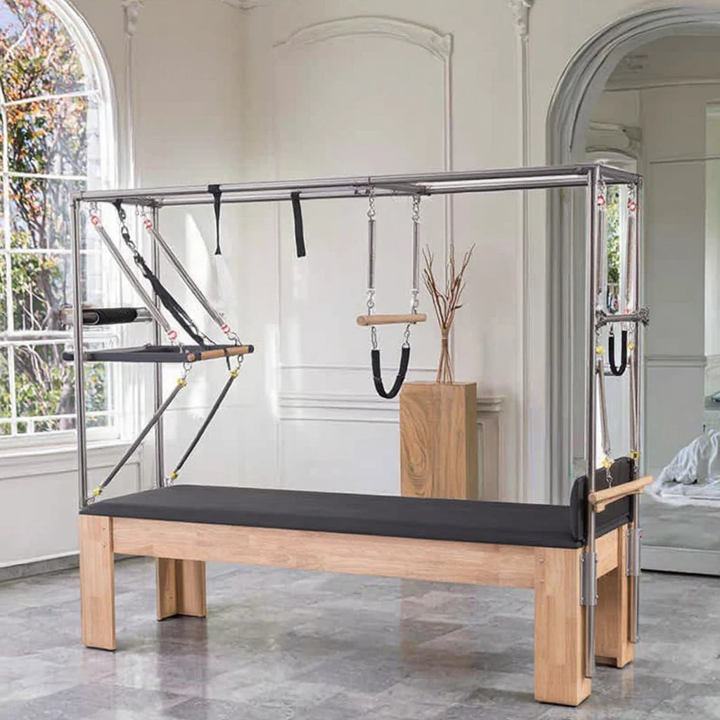 Commercial Pilates Reformer with Adjustable Maple Wood Frame and 3-Level Resistance Springs