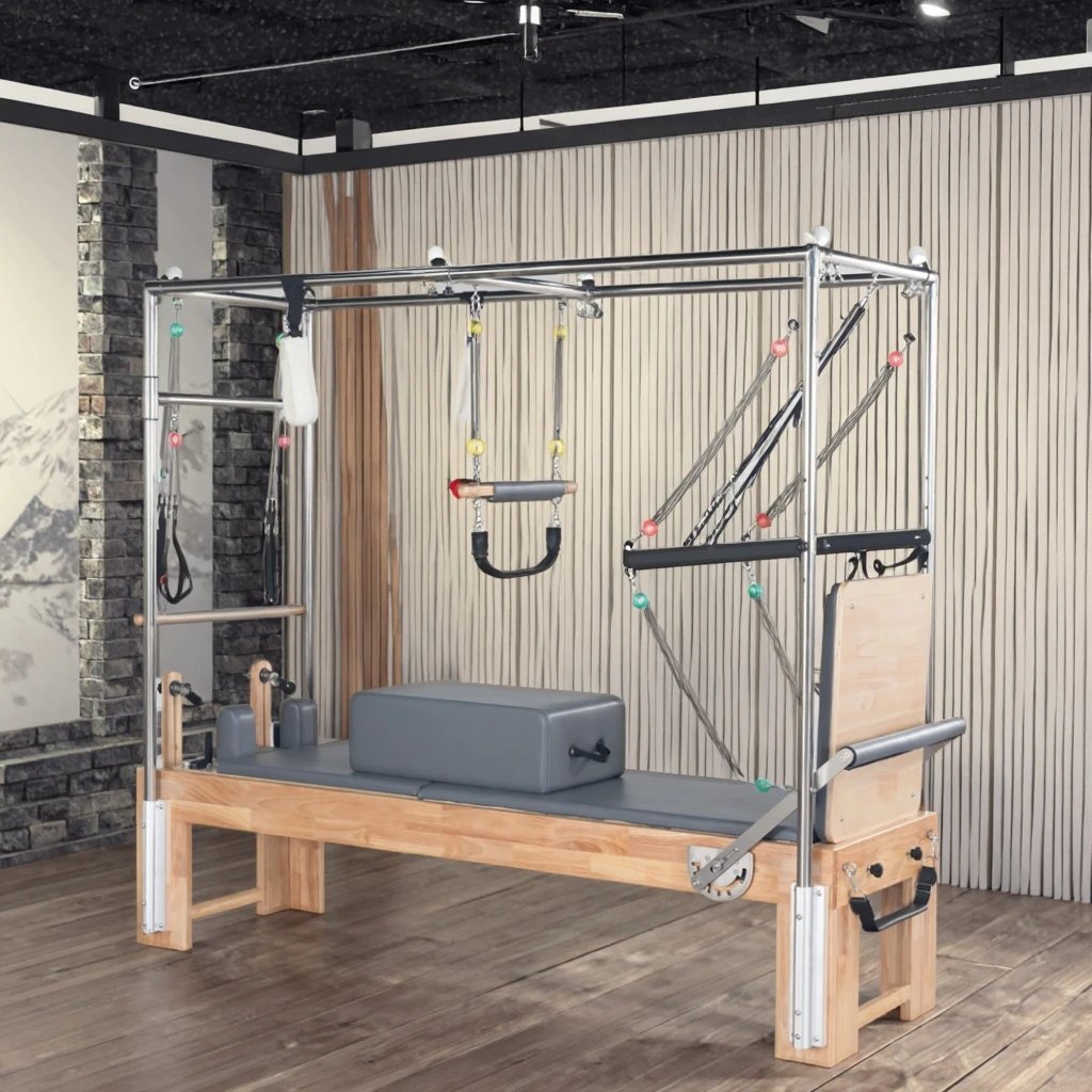 3 in 1 Oak Cadillac Reformer Pilates Wooden Machine with 6 Adjustable Resistance Springs for Home Gym