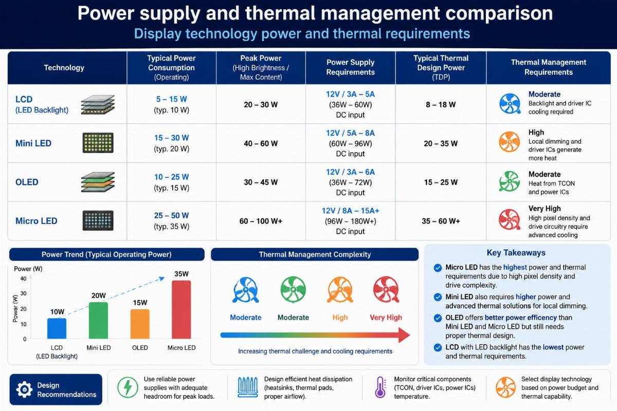 Display technology power and thermal requirements Power supply and thermal management comparison