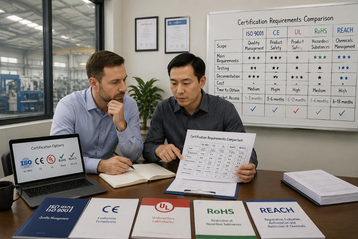 Factory owner comparing certification requirements Manufacturer reviewing certification options
