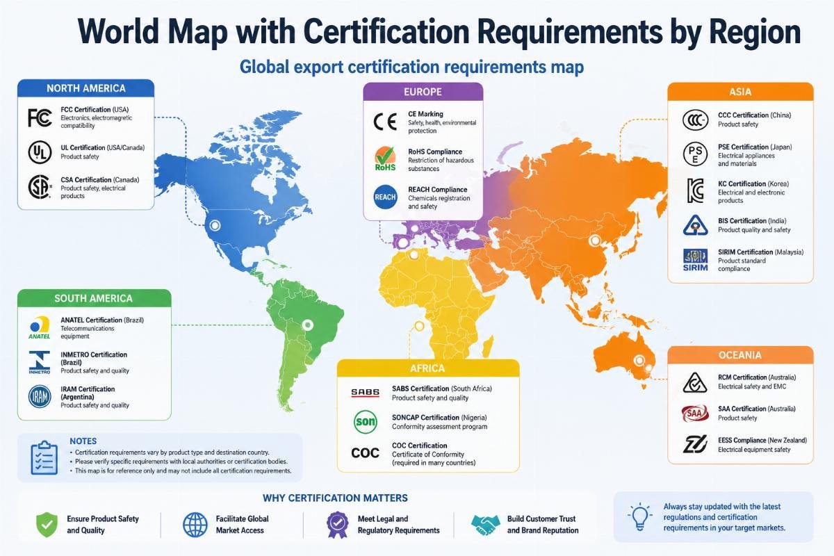 Global export certification requirements map World map with certification requirements by region