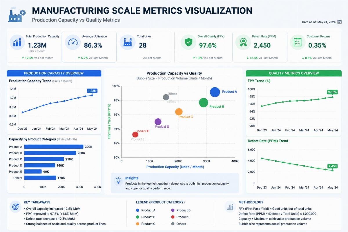 Production capacity vs quality metrics Manufacturing scale metrics visualization