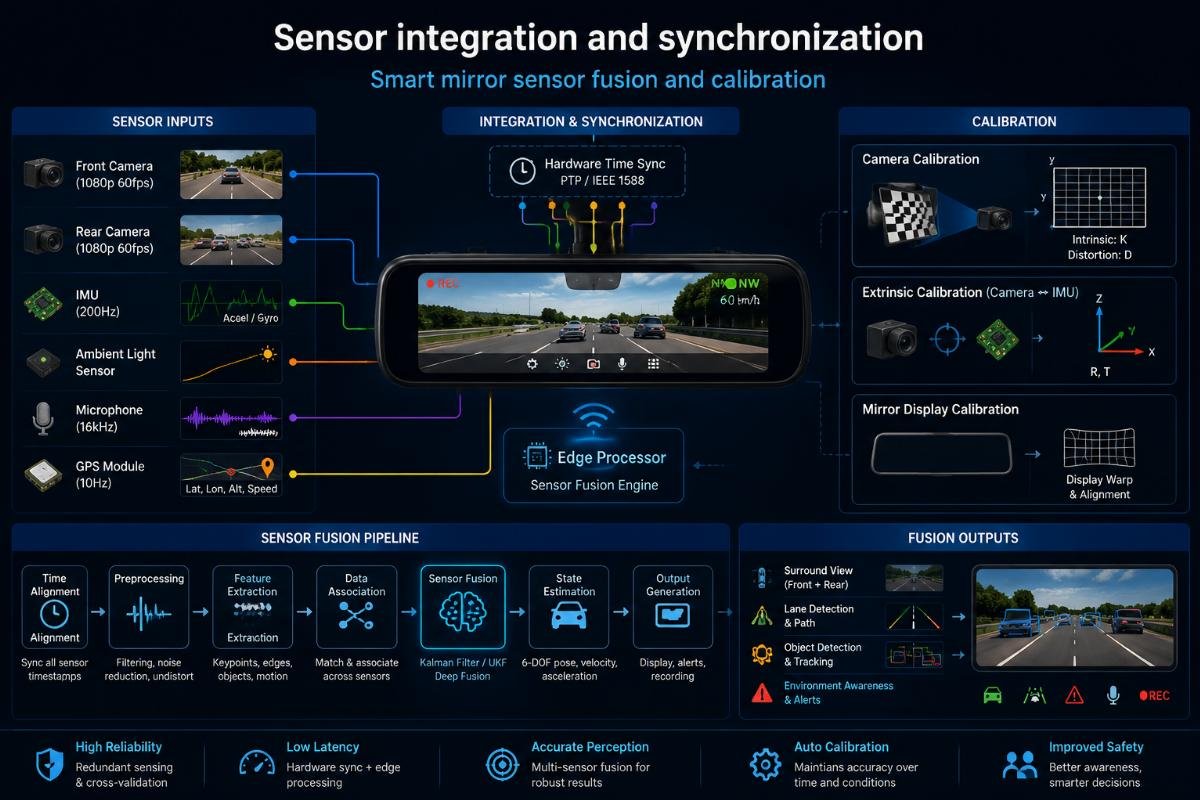 Smart mirror sensor fusion and calibration Sensor integration and synchronization