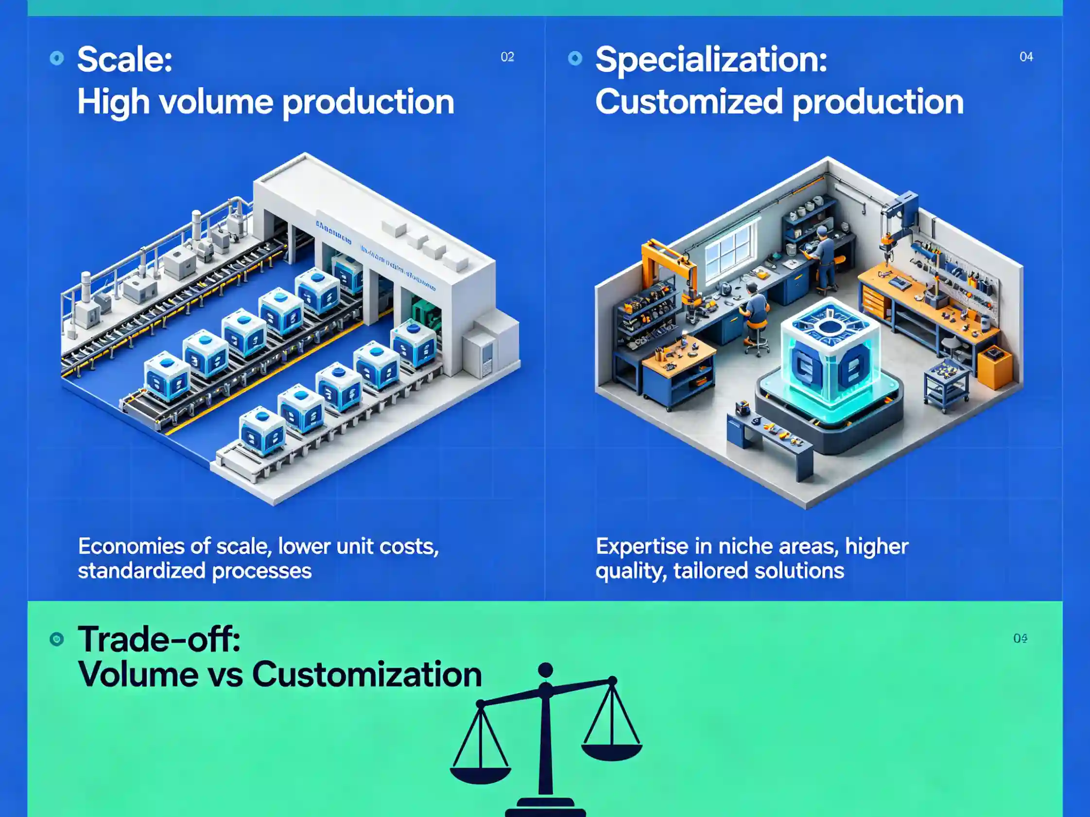 Scale vs specialization trade-offs Manufacturing specialization comparison