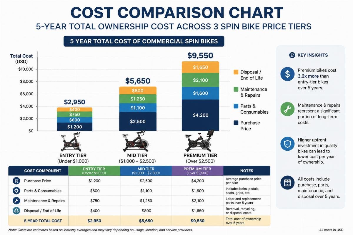 5 year total cost of commercial spin bikes Cost comparison chart showing 5-year total ownership cost across 3 spin bike price tiers