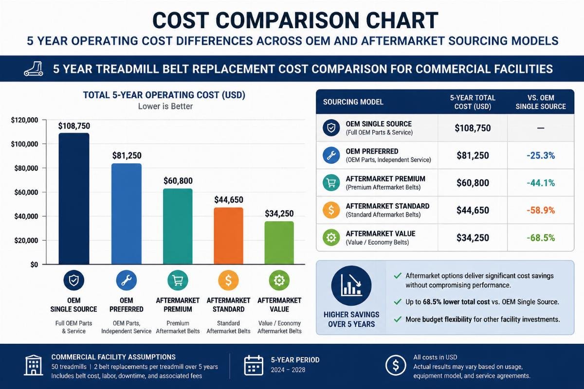 5 year treadmill belt replacement cost comparison for commercial facilities Cost comparison chart showing 5 year operating cost differences across OEM and aftermarket sourcing models