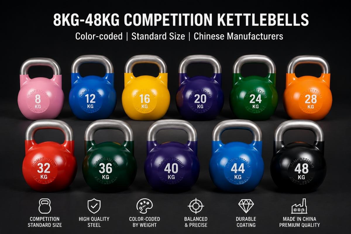 A full set of 8kg to 48kg color-coded competition kettlebells aligned by weight