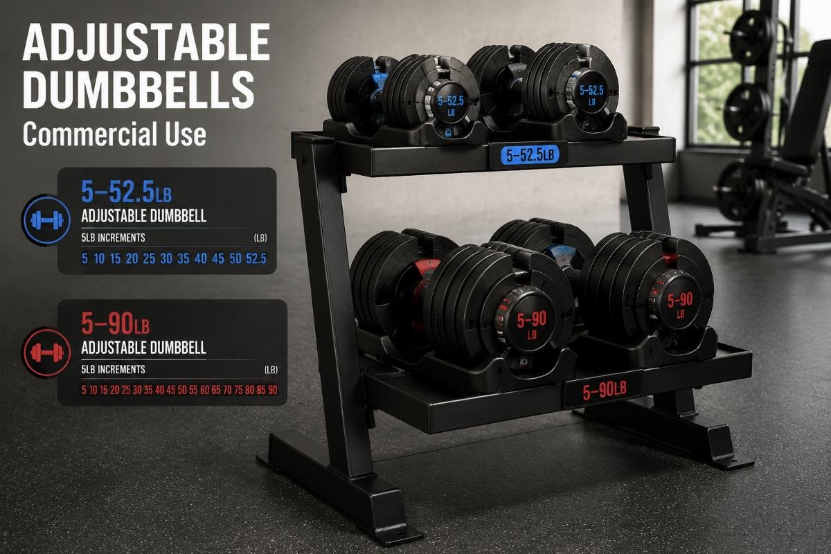 Adjustable dumbbell load ranges for commercial use 5-52.5lb and 5-90lb adjustable dumbbells arranged on a storage rack
