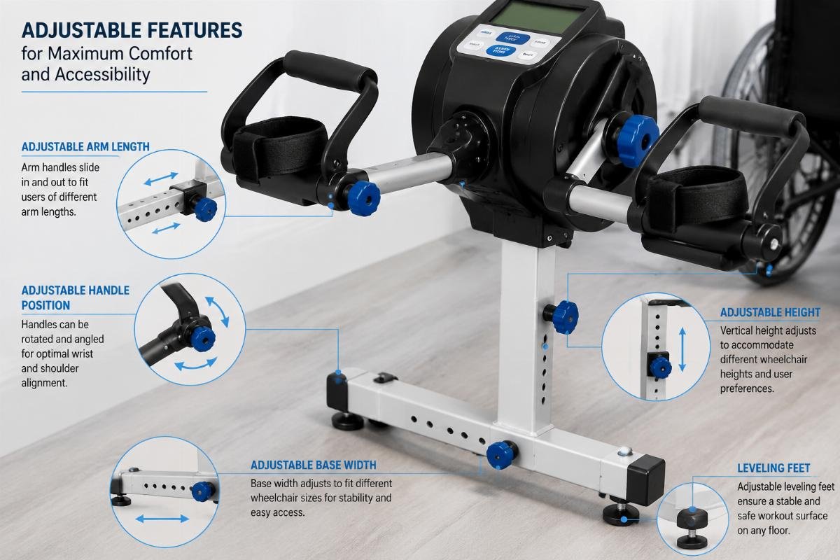 Adjustable features of wheelchair accessible arm ergometers Adaptive arm ergometer component close-up showing adjustable base and arm handles
