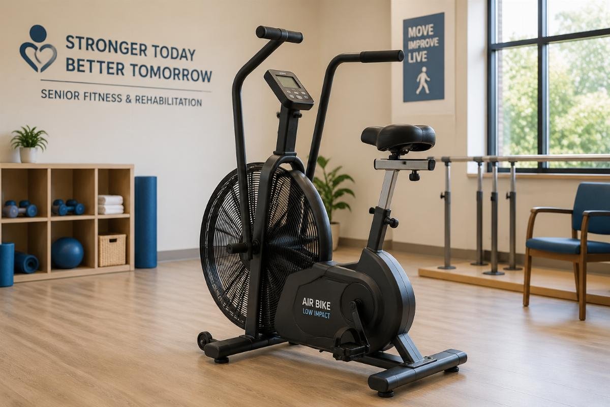 air bike for rehabilitation and senior fitness programs A low-impact air bike positioned in a senior fitness rehabilitation space
