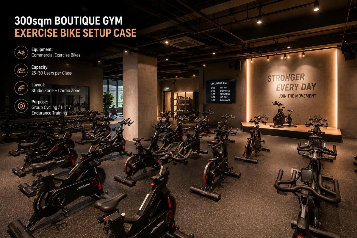 Boutique gym exercise bike configuration case Commercial exercise bike setup inside a 300sqm boutique fitness gym