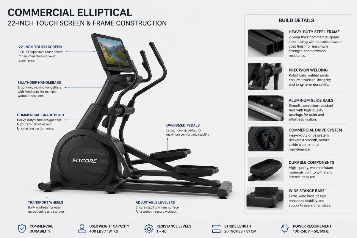 Build details of commercial elliptical with 22-inch touch screen Side view of a commercial elliptical showing 22-inch touch screen and frame construction
