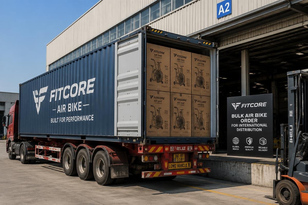 bulk air bike order for international distribution A loaded 40HQ shipping container labeled with custom brand logos at a factory loading dock