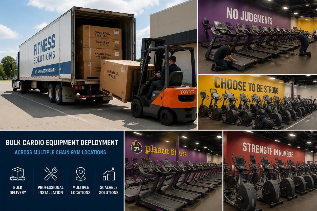 A fleet of commercial treadmills and ellipticals being installed across multiple chain gym locations