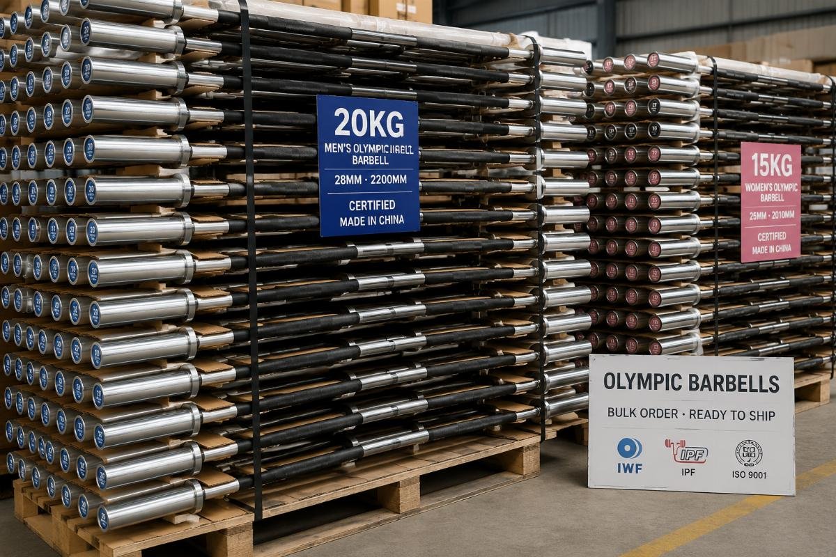 Bulk certified Olympic barbells from China manufacturers A warehouse stack of labeled 20kg men and 15kg women Olympic barbells ready for shipment