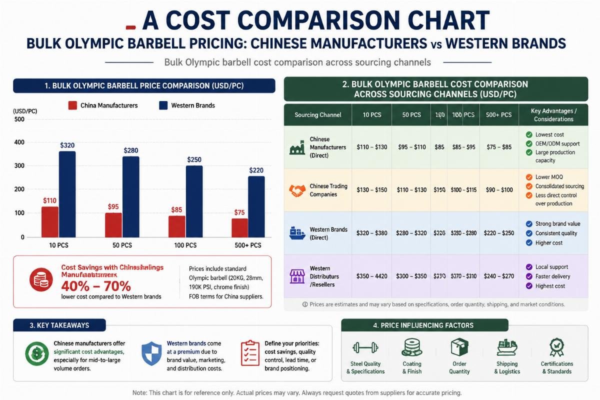 Bulk Olympic barbell cost comparison across sourcing channels A cost comparison chart showing bulk Olympic barbell pricing from Chinese manufacturers vs Western brands