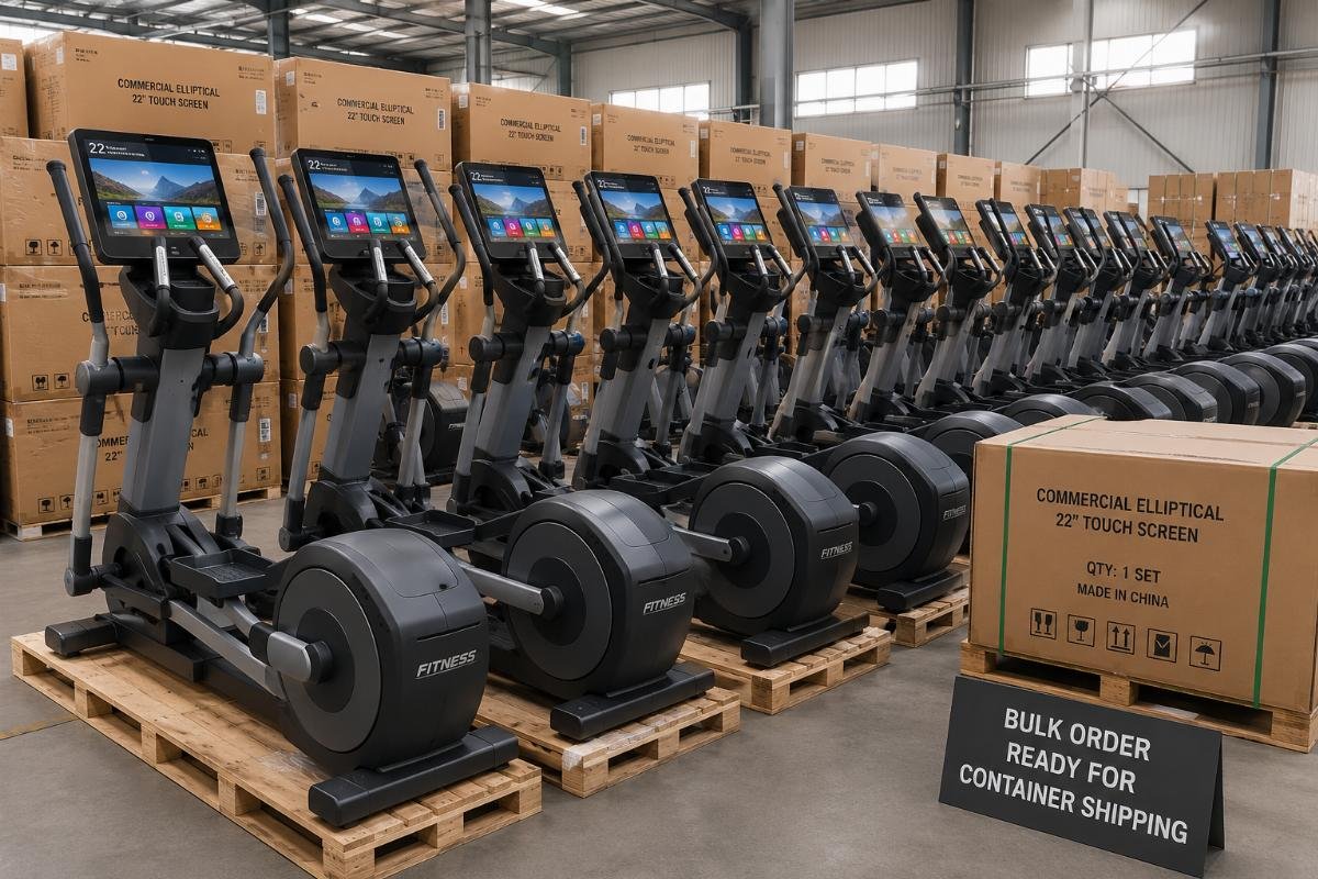 Bulk order of commercial ellipticals for distributor shipping Batch of commercial ellipticals with 22-inch touch screens ready for container shipping