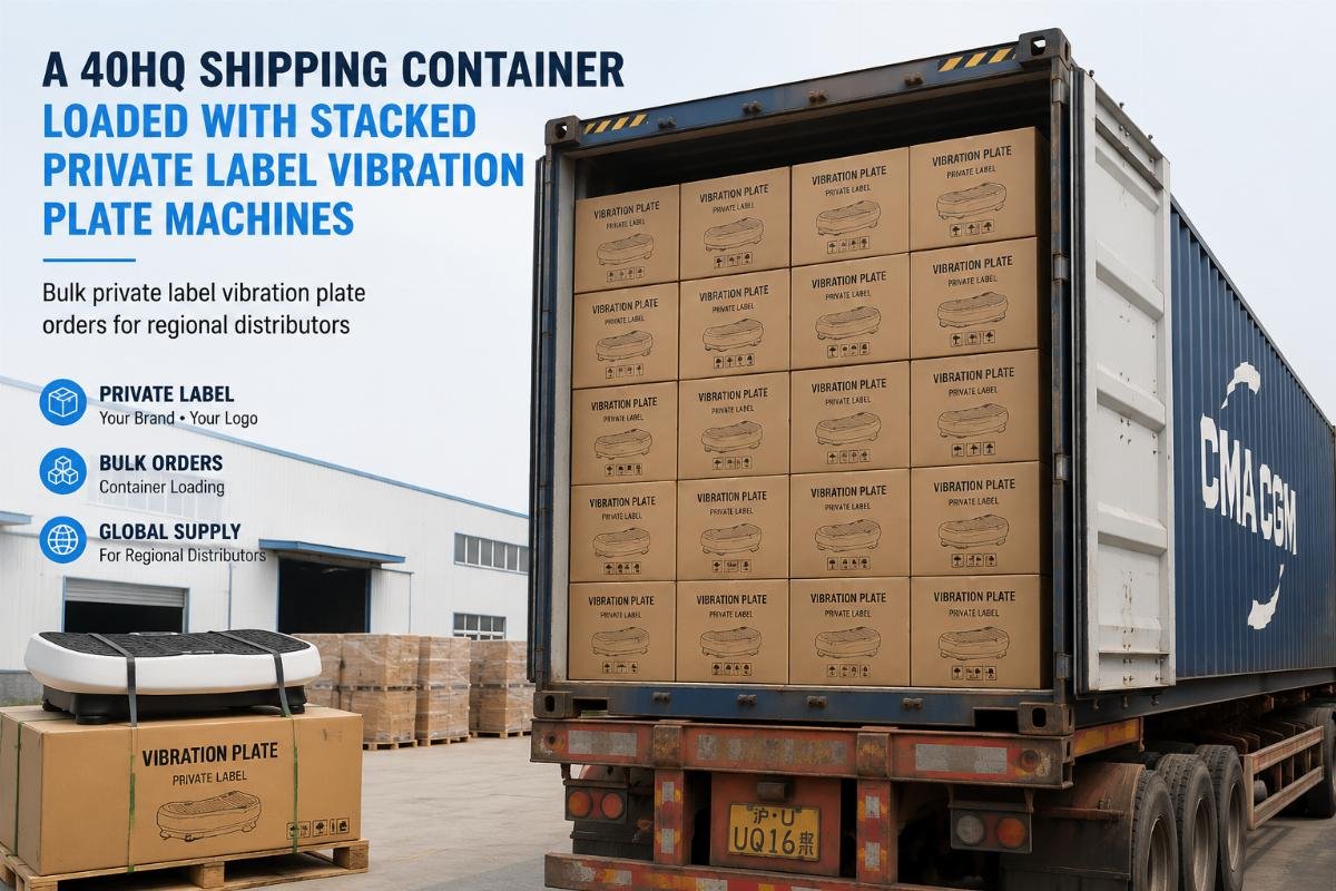 Bulk private label vibration plate orders for regional distributors A 40HQ shipping container loaded with stacked private label vibration plate machines