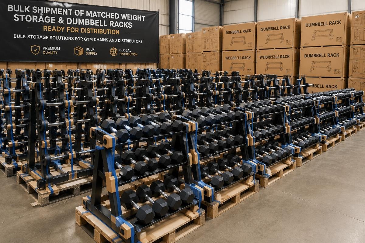 bulk storage solutions for gym chains and distributors Bulk shipment of matched weight storage and dumbbell racks ready for distribution