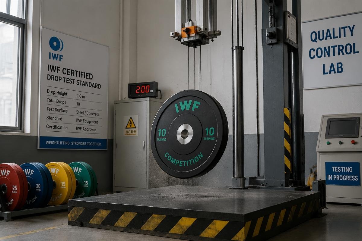 bumper plate quality control testing A certified IWF bumper plate undergoing a drop test in a factory quality control lab