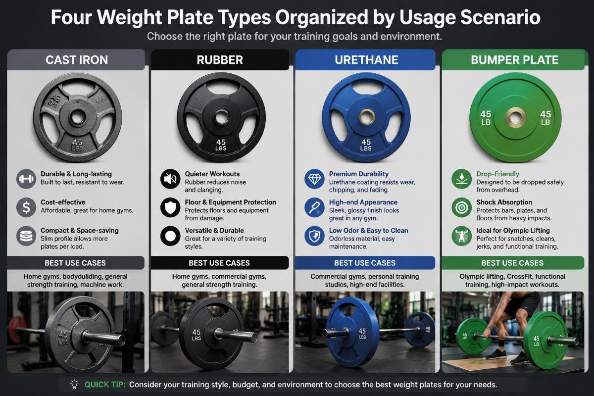 cast iron rubber urethane bumper plate use cases Four weight plate types organized by usage scenario