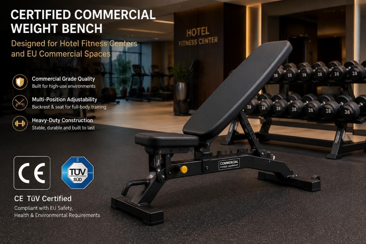 CE TüV certified weight bench for EU commercial spaces Certified commercial weight bench in a hotel fitness center