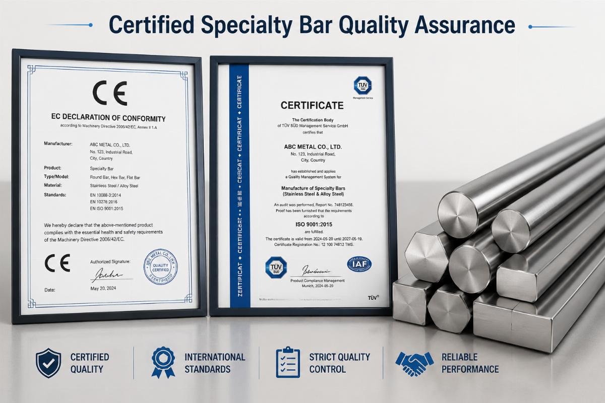 Certified specialty bar quality assurance CE and TüV certification documents displayed next to finished specialty bars