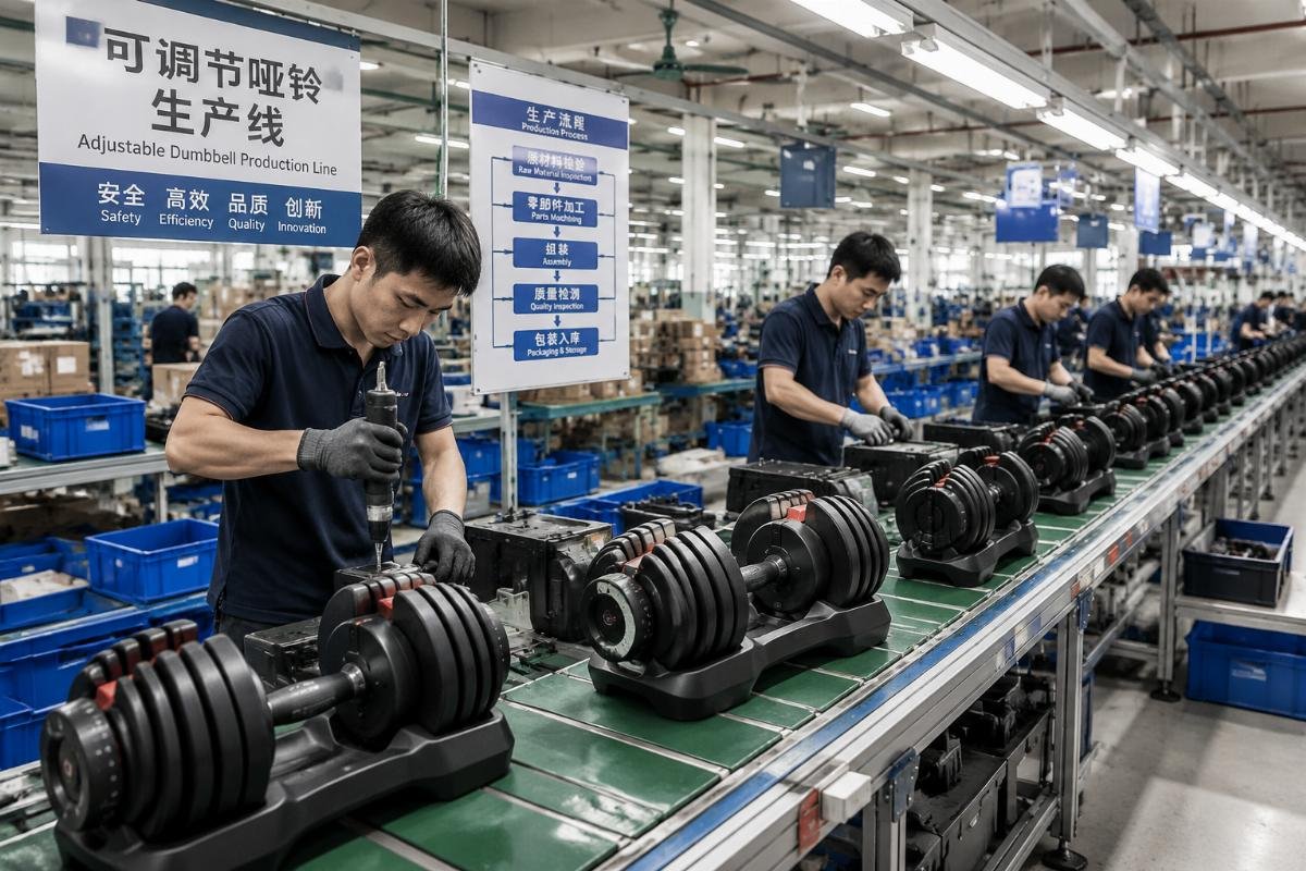 China fitness equipment manufacturer production process Factory production line for adjustable dumbbells in a Chinese manufacturing facility
