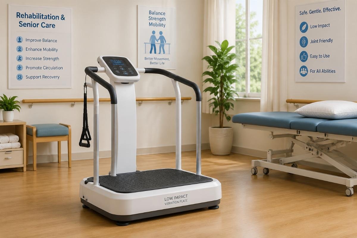 Clinical-grade vibration plate units for rehabilitation and senior care A low-impact vibration plate machine with handrails set up in a senior care therapy room