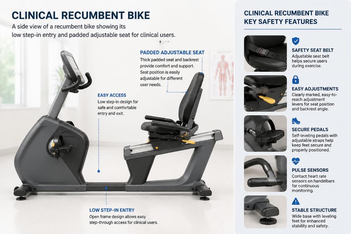 Clinical recumbent bike key safety features A side view of a recumbent bike showing its low step-in entry and padded adjustable seat for clinical users
