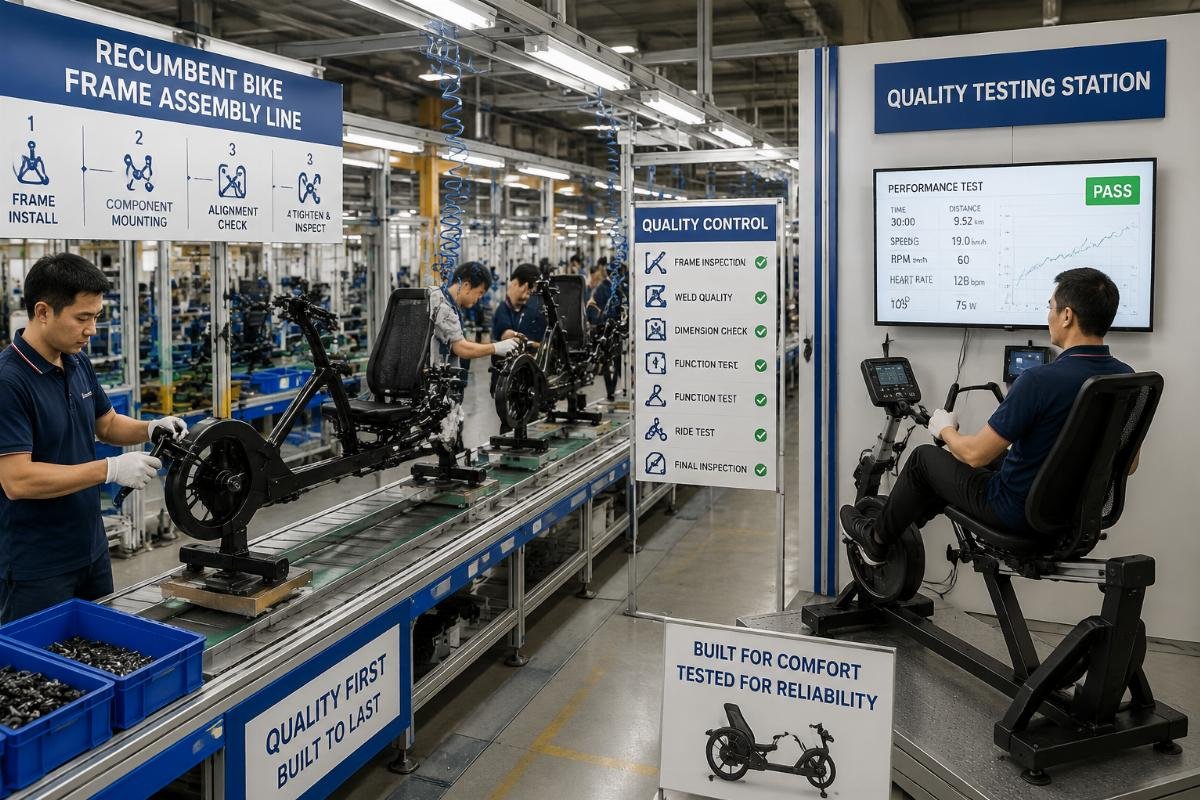 Clinical recumbent bike manufacturing quality control A factory production line showing recumbent bike frame assembly and quality testing stations