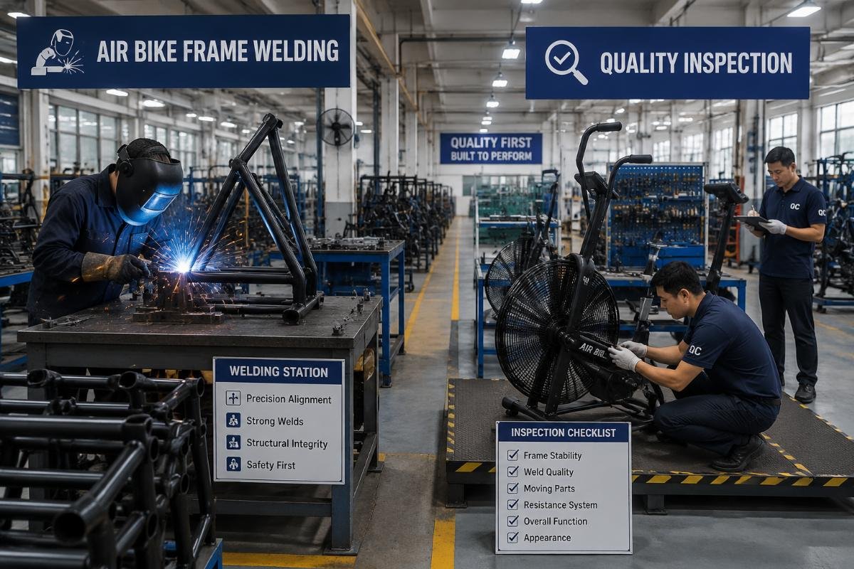 commercial air bike manufacturing quality control A workshop floor showing air bike frame welding and quality inspection stations