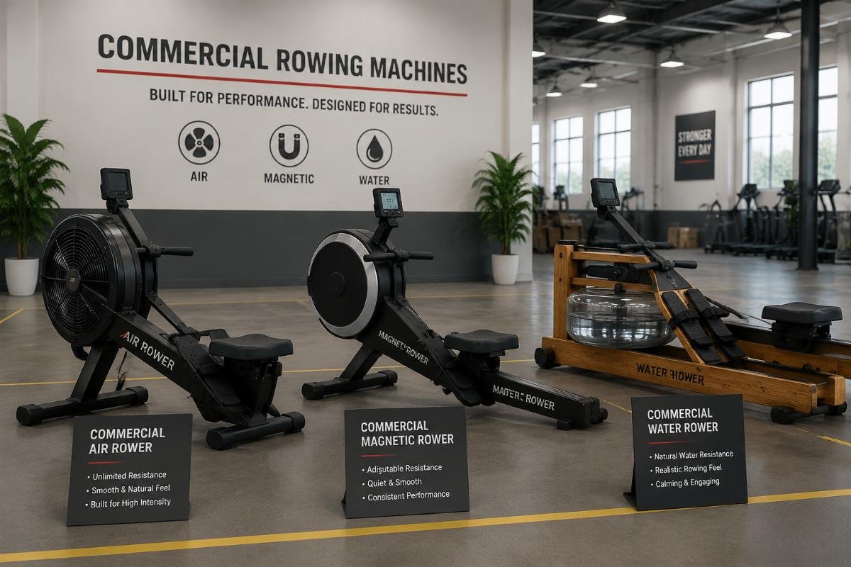 Commercial air, magnetic and water rowers side by side Three types of commercial rowing machines displayed in a factory showroom