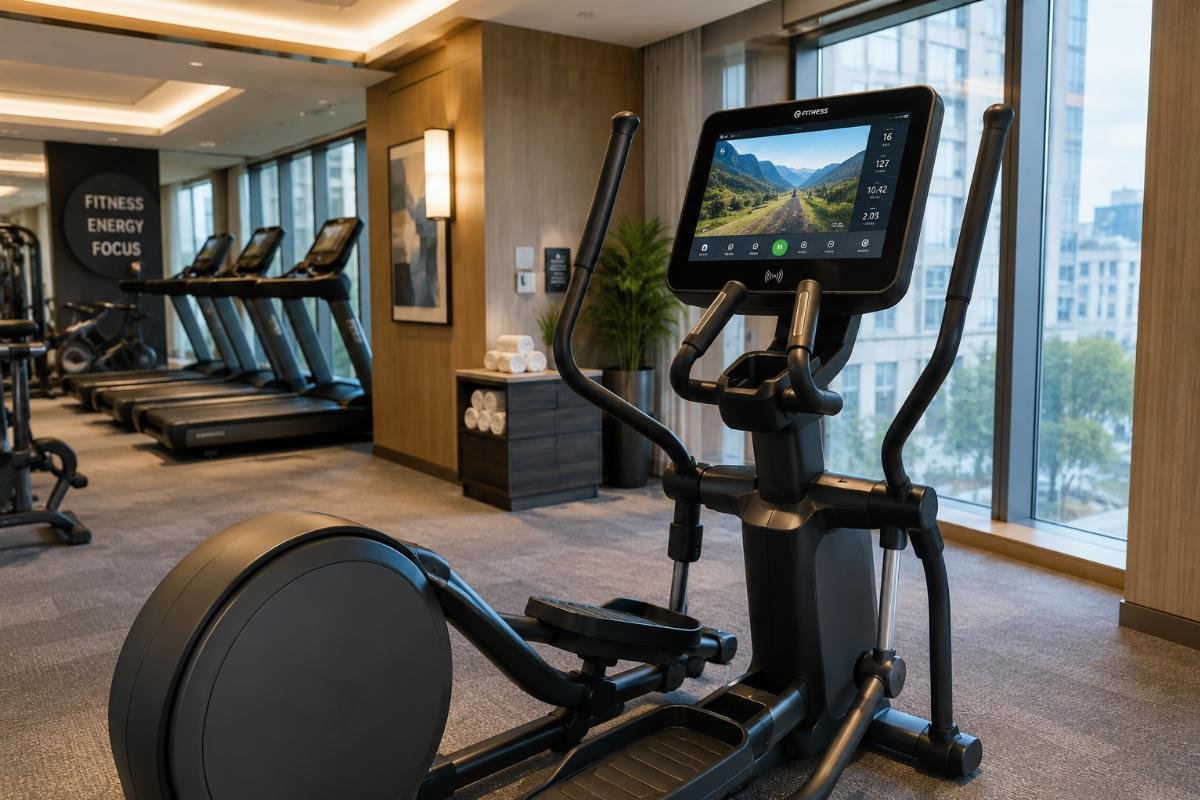 Commercial elliptical setup in hotel fitness facility 22-inch touch screen commercial elliptical installed in a hotel fitness center