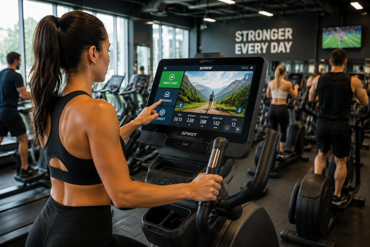 22-inch touch screen commercial elliptical in a high-traffic gym setting