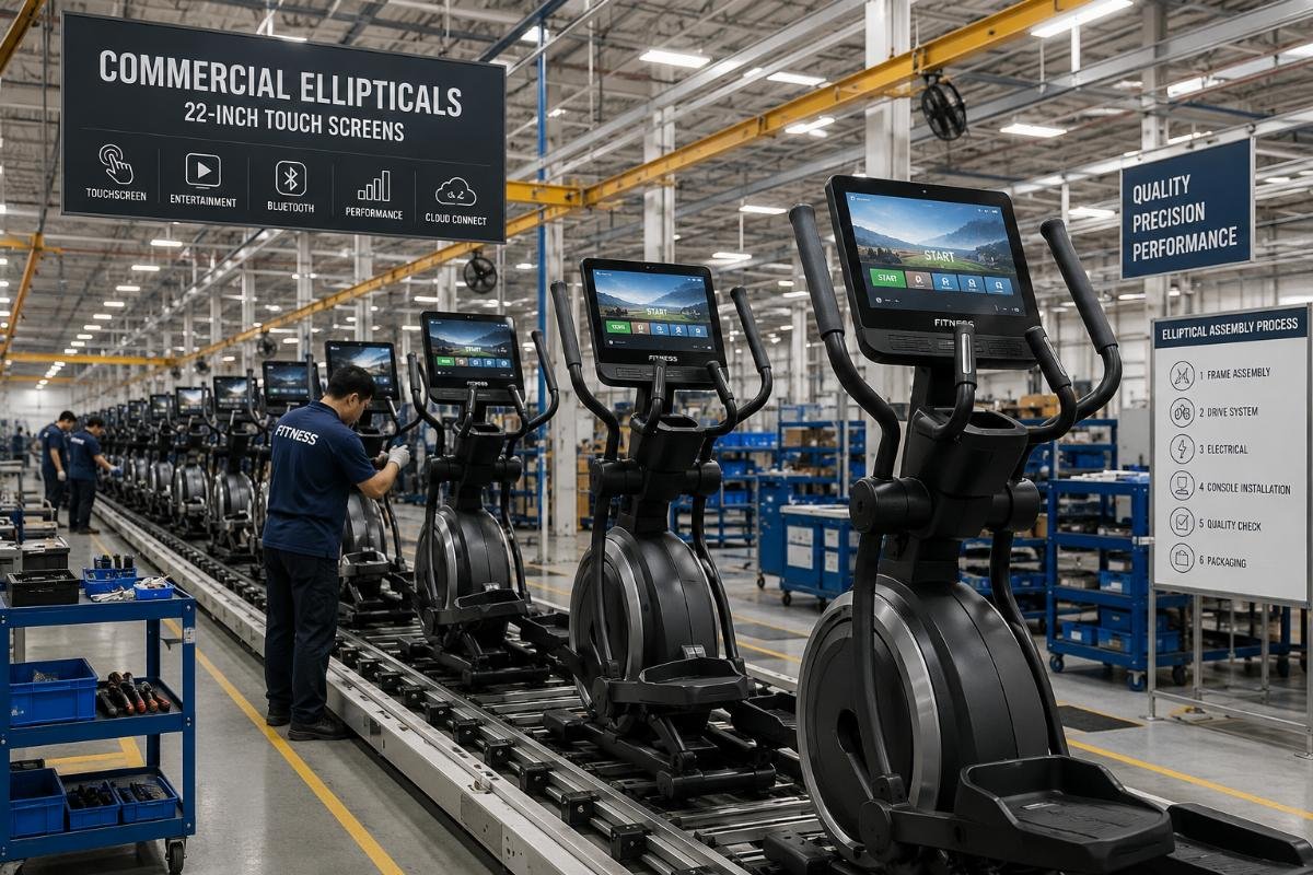 Commercial fitness equipment manufacturing facility Factory production line for commercial ellipticals with 22-inch touch screens