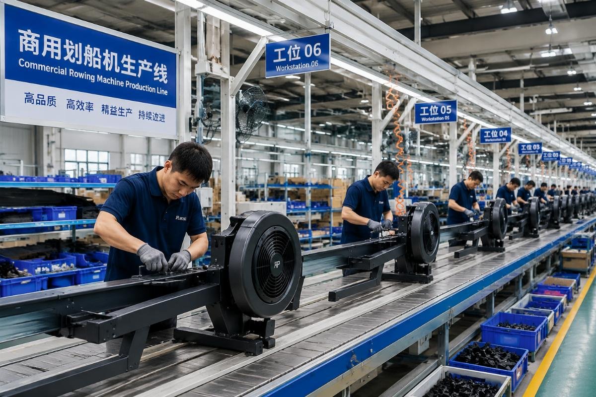 Commercial rowing machine production line in China A factory production line assembling commercial rowing machine frames