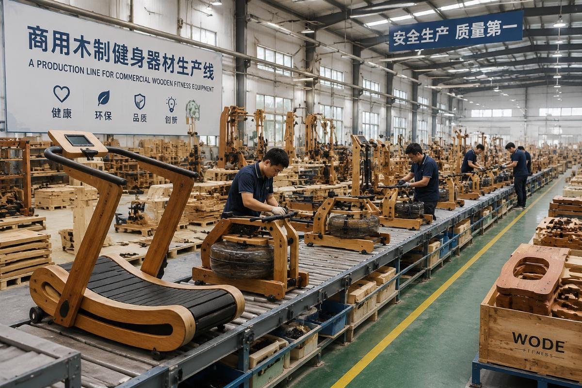 Commercial wooden fitness equipment production facility A production line for commercial wooden fitness equipment in a Chinese factory