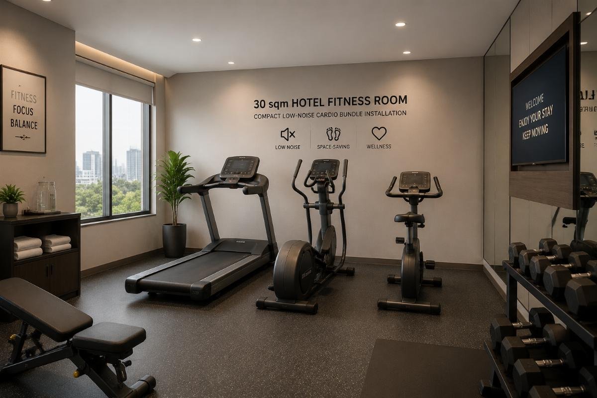Compact cardio bundle for hotel fitness facilities 30sqm hotel fitness room with compact low-noise cardio bundle installation