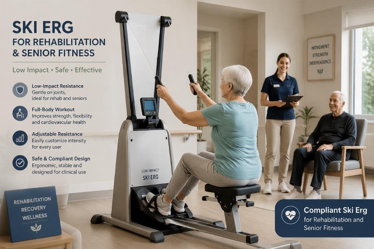 Compliant ski erg for rehabilitation and senior fitness A low-impact ski erg designed for rehabilitation use in a senior care facility