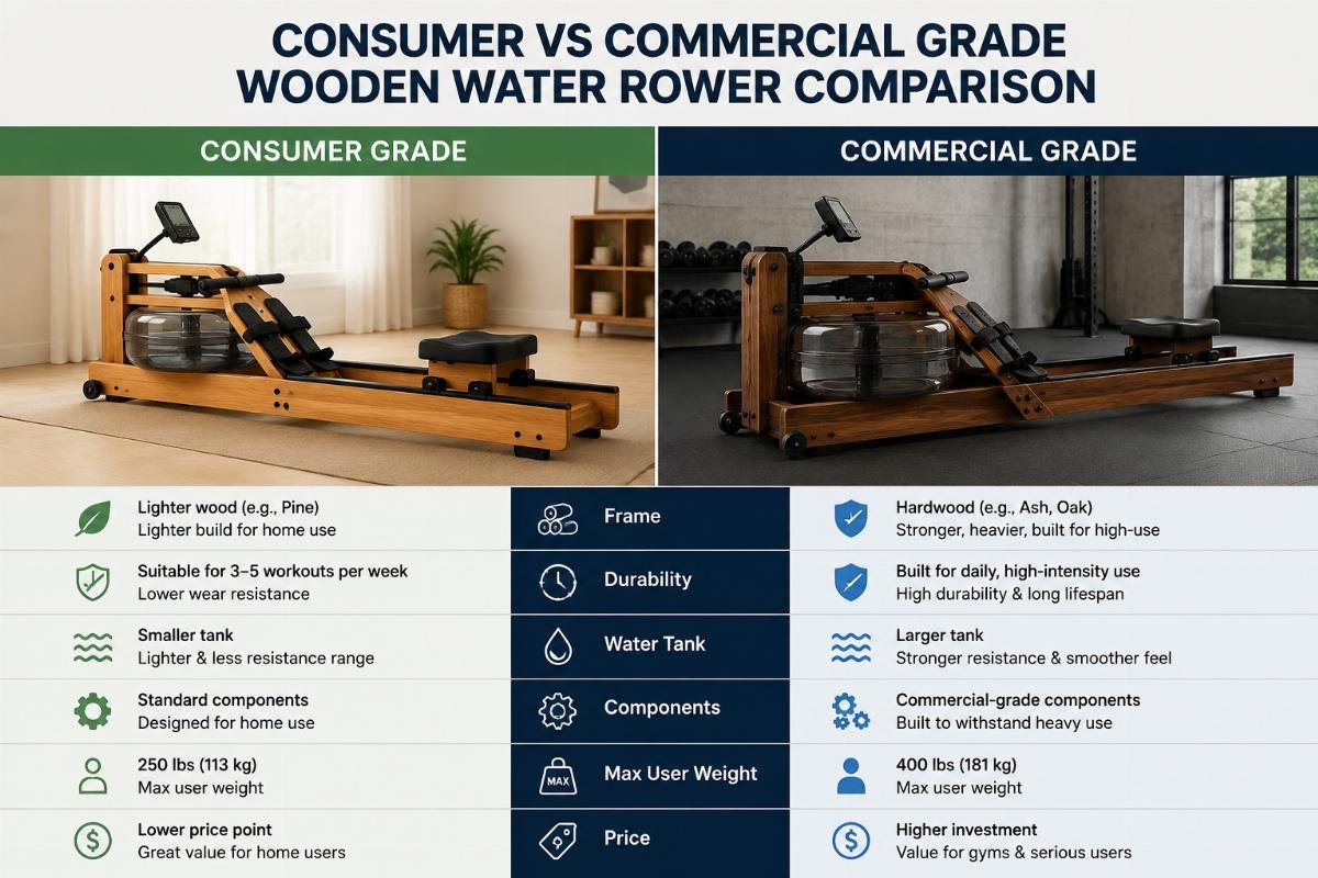 Consumer vs commercial grade wooden water rower comparison A side-by-side comparison of a consumer grade and commercial grade wooden water rower