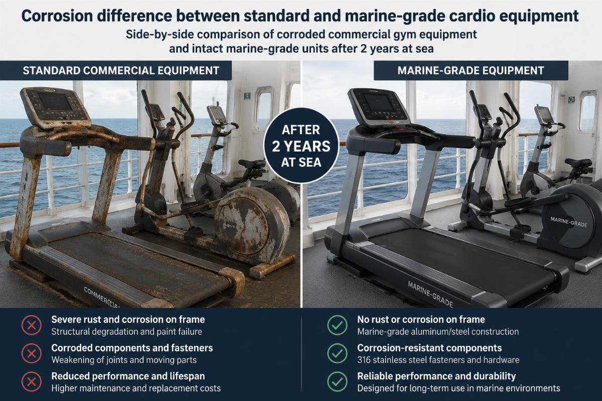 Corrosion difference between standard and marine-grade cardio equipment Side-by-side comparison of corroded commercial gym equipment and intact marine-grade units after 2 years at sea