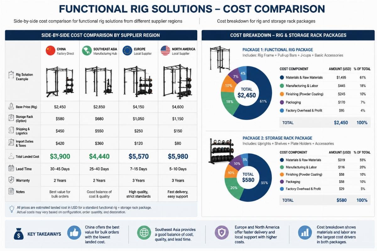 Cost breakdown for rig and storage rack packages Side-by-side cost comparison chart for functional rig solutions from different supplier regions