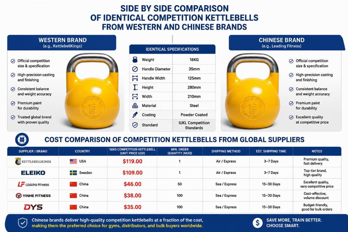 Cost comparison of competition kettlebells from global suppliers Side by side comparison of identical competition kettlebells from Western and Chinese brands