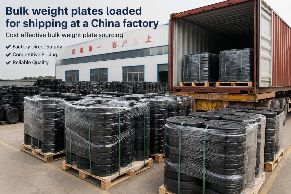 cost effective bulk weight plate sourcing Bulk weight plates loaded for shipping at a China factory