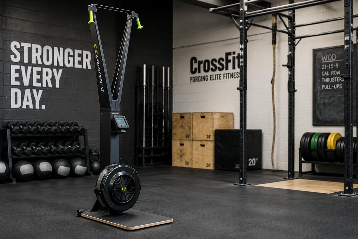 A sleek Concept2 style ski erg machine positioned in a modern CrossFit box functional training zone