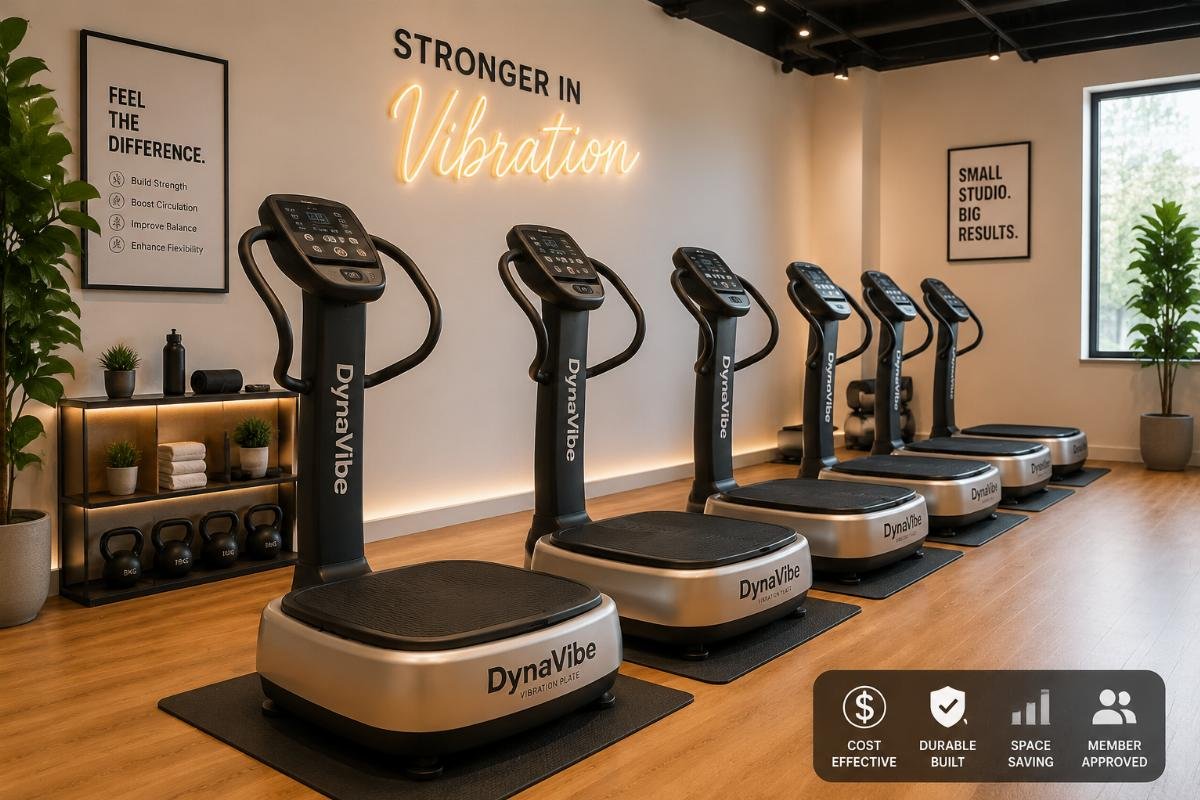 Cost-effective vibration plate units for boutique fitness studios A group of branded vibration plate machines lined up in a small boutique fitness studio