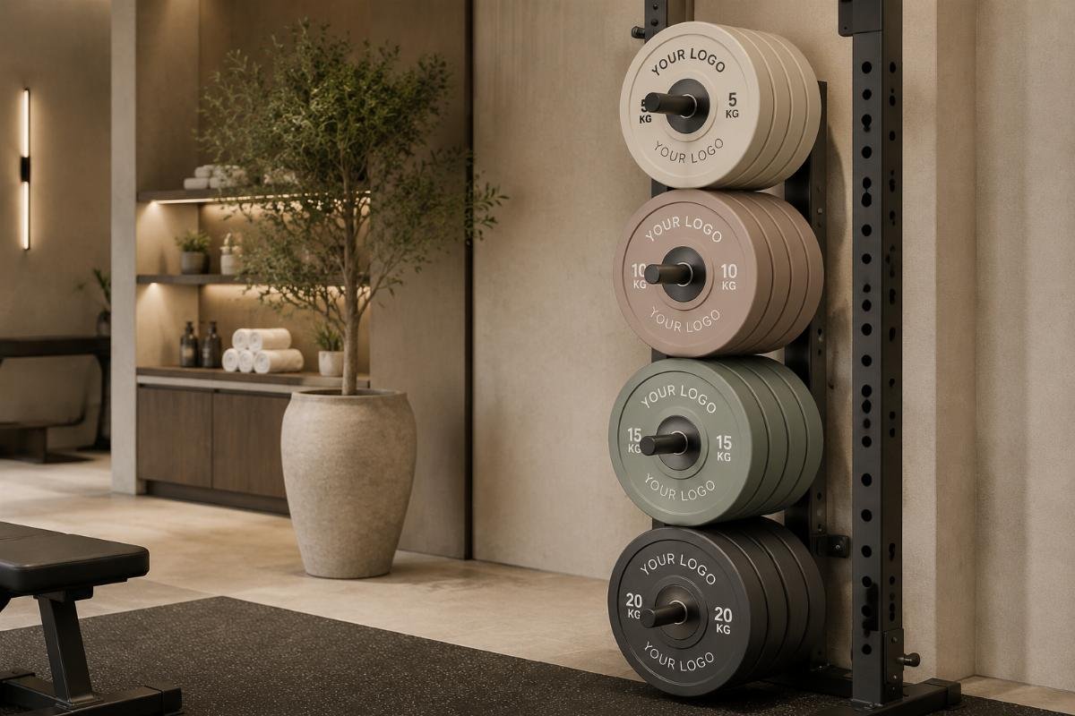 custom colored bumper plates for hotel gyms Custom colored bumper plates arranged to match a boutique hotel gym’s neutral interior design