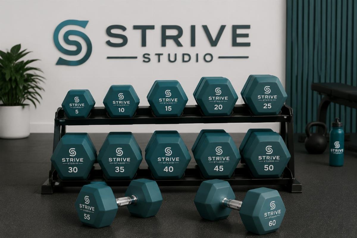 Custom rubber coated dumbbells with no extra premium Custom branded rubber coated dumbbell sets with matching studio logo and brand color