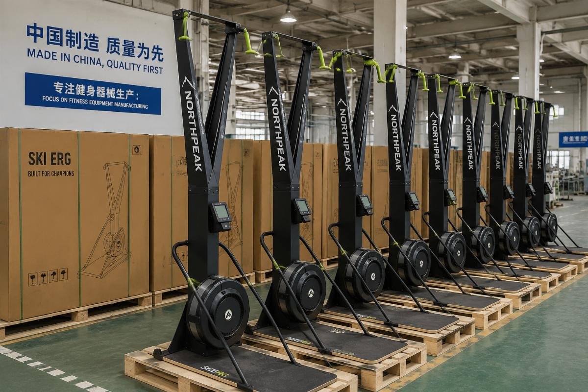 Custom ski erg units for bulk distributor orders A row of custom branded ski erg units ready for container shipment at a Chinese fitness factory